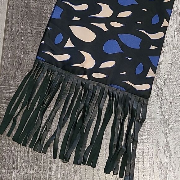 Bien  Abye Blue and Black Patterned Silk Scarf with Leather Fringe - Picture 6 of 6